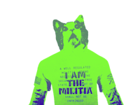 a cat wearing a green t - shirt that says,'law the militia'